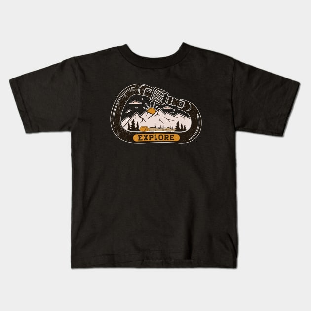 Explore // Vintage Mountain Landscape with Carabiner Kids T-Shirt by SLAG_Creative